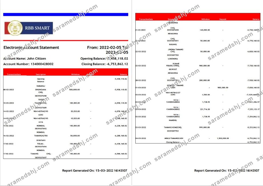 India RBB Smart bank statement 2 pages